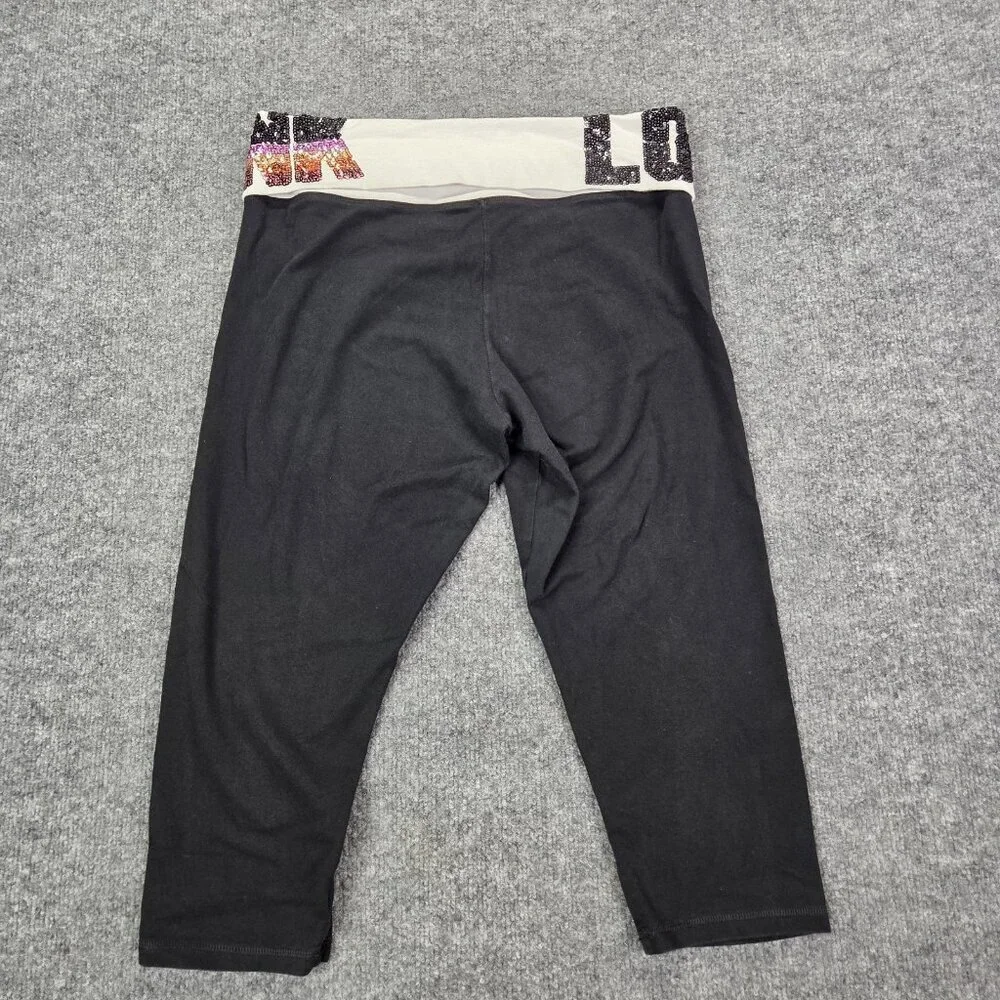 Victoria Secret PINK LOVE Black Yoga Cropped Fold Over Pants Sequins Large‎ Y2k